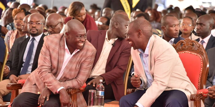 Deputy President Rigathi Gachagua (left) and President William Ruto during a thanksgiving service in Tharaka Nithi County on Sunday, March 12, 2023. PCS Rigathi Gachagua