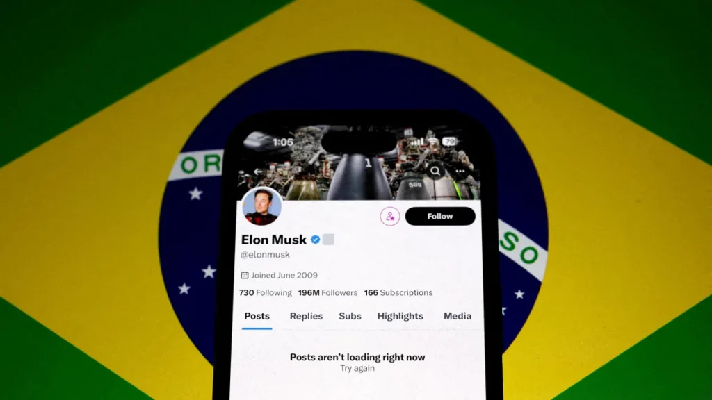 Elon Musk's X account is seen blocked on a cell phone screen in Brazil. 