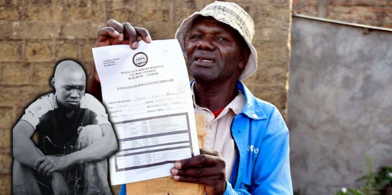 Joseph Adero, whose son Charles Osewe died at Mama Lucy Kibaki Hospital on June 30, gestures. He was interviewed on September 13, 2024.