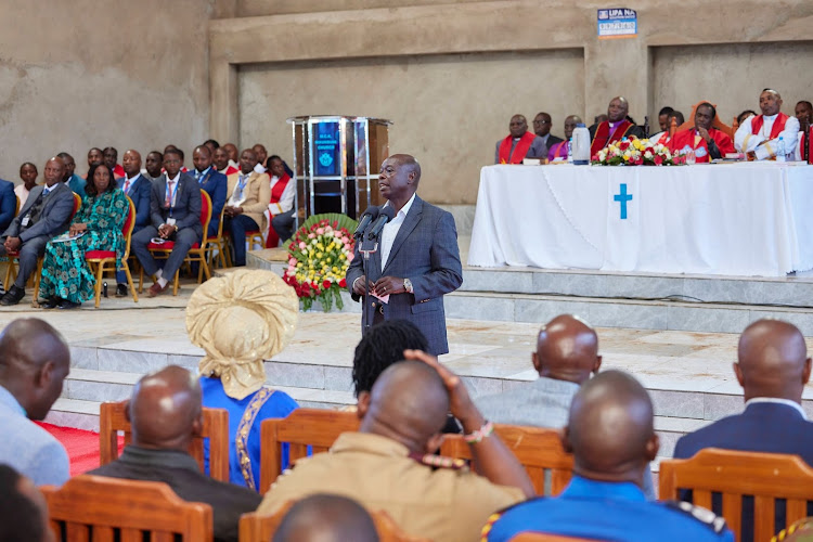 Deputy President Rigathi Gachagua speaking at the Methodist Church in Mikumbune on September 1, 2024. Image: DPCS