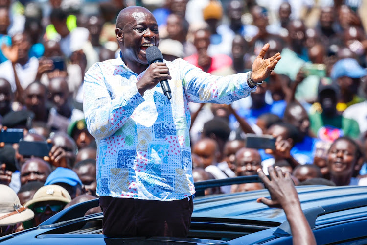 Deputy President Rigathi Gachagua speaking in Homa Bay when he accompanied President William Ruto for a development tour on August 29, 2024.
Image: DPCS