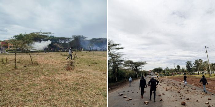 a photo collage of the unfoldings at magadi road on the outskirts of nairobi county where students from multimedia university barricaded roads and engaged police in running battles.