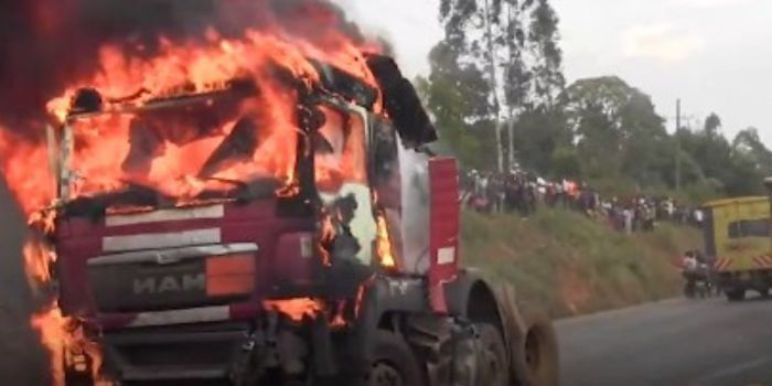 a truck that was set on fire by angry residents of matungu on webuye kitale road on march 8, 2024.